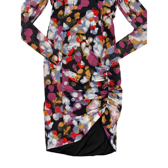 Open Edit Black Floral Painted Confetti Long Sleeve Ruched Mesh Dress - SIZE M - Picture 6 of 10